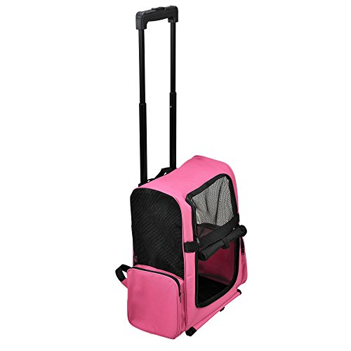 [pro.tec] Mochila / carrito para perros 2 en 1 - transportín para perros y gatos (rosa) - con 4 ruedas