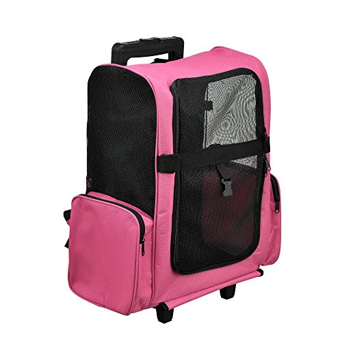 [pro.tec] Mochila / carrito para perros 2 en 1 - transportín para perros y gatos (rosa) - con 4 ruedas