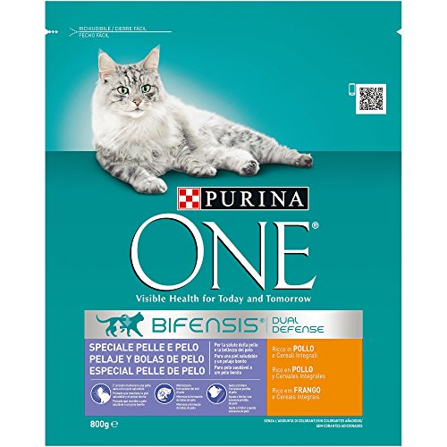 PURINA ONE Bifensis Pienso para Gatos Cuidado de Pelaje y Bolas de Pelo Pollo y Cereales 8 x 800 g