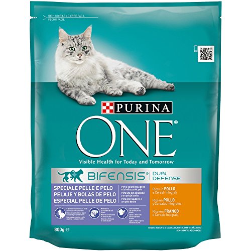 PURINA ONE Bifensis Pienso para Gatos Cuidado de Pelaje y Bolas de Pelo Pollo y Cereales 8 x 800 g