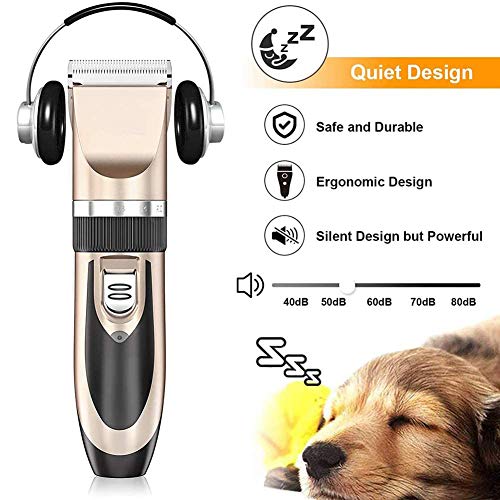 QXT Podadoras de la preparación del Perro casero,Juego de cortapelos eléctrico silencioso Recargable inalámbrico de bajo Ruido para Perros, Gatos, Peine de Mascotas con Cuatro peines