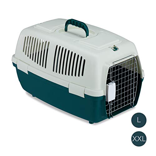 Relaxdays Transportín Perro, Gato o Conejo para Coche o Avión, Polipropileno-Metal, Blanco-Verde, 32x35x53cm, XL