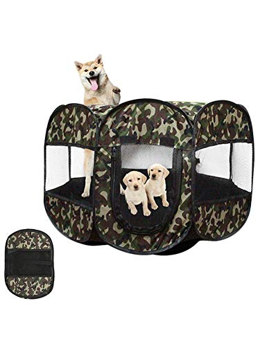 Rich-home Parque Infantil Portátil para Mascotas, Parque Cachorro Octogonal Plegable para Camuflaje con Cubierta De Malla De Perrera De 8 Paneles, Valla Impermeable Y Lavable para Tienda De Perro