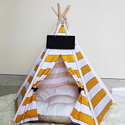 Saim Teepee - Tienda de campaña portátil de lona de algodón con cojín para mascotas, gatos, suministros para cachorros y gatos, se desmonta rápidamente para lavar a máquina, tienda de campaña de viaje