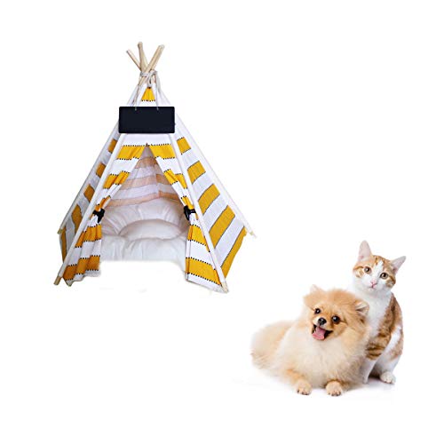 Saim Teepee - Tienda de campaña portátil de lona de algodón con cojín para mascotas, gatos, suministros para cachorros y gatos, se desmonta rápidamente para lavar a máquina, tienda de campaña de viaje