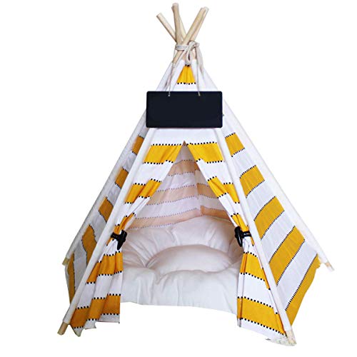 Saim Teepee - Tienda de campaña portátil de lona de algodón con cojín para mascotas, gatos, suministros para cachorros y gatos, se desmonta rápidamente para lavar a máquina, tienda de campaña de viaje