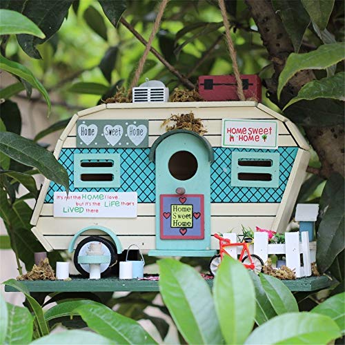 Simis Motel Birdhouse, Camper Adorno de Madera al Aire Libre de la Jaula del pájaro del alimentador del alimento Blancos autobús Mini casa decoración para el hogar para los pájaros con la Cuerda