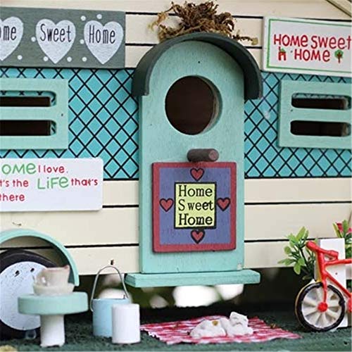 Simis Motel Birdhouse, Camper Adorno de Madera al Aire Libre de la Jaula del pájaro del alimentador del alimento Blancos autobús Mini casa decoración para el hogar para los pájaros con la Cuerda