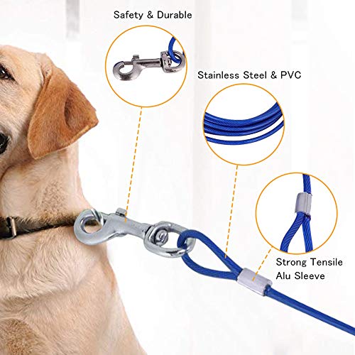 Smandy Correa para Perros, 16.4 pies Perro para Mascotas Cable para Atar Cable de Acero Largo Correa para Perros Cabezas Dobles Masticar Correa para Atar Resistente para Acampar al Aire Libre (Azul)