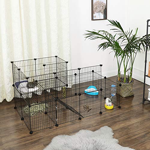 SONGMICS Parque para Mascotas, 1,5 Niveles, Jaula Modular, para Animales Pequeños, Hámsters, Conejos, Cobayas, Paneles de Malla Metálica, Uso Interior, 143 x 73 x 71 cm, Negro LPI06H