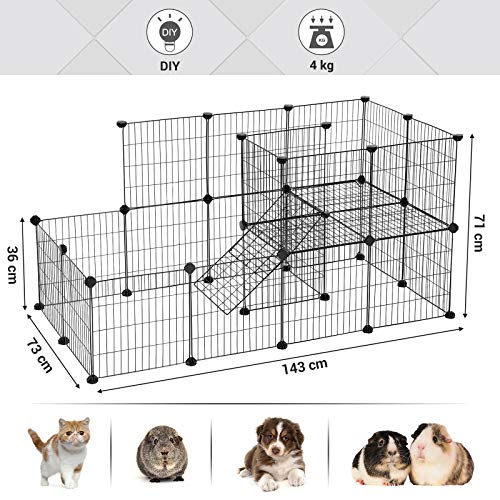 SONGMICS Parque para Mascotas, 1,5 Niveles, Jaula Modular, para Animales Pequeños, Hámsters, Conejos, Cobayas, Paneles de Malla Metálica, Uso Interior, 143 x 73 x 71 cm, Negro LPI06H