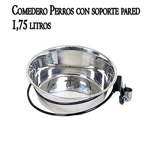 Suministros Infantes COMEDERO Perros con Soporte para Pared de Acero Inoxidable. Capacidad 1.75 litros. Se Utiliza como Bebedero de Animales. Medidas. Ø21 cm. 43 x 22 x 7 cm.