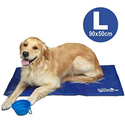 Sunshine Dreams Felpudo Refrescante Grande Azul para Perros – 90 x 50 cm con Plato Viajero Plegable | Felpudo de Gel frío no tóxico para Gatos y Perros, Mantiene a Las Mascotas Frescas y calmadas