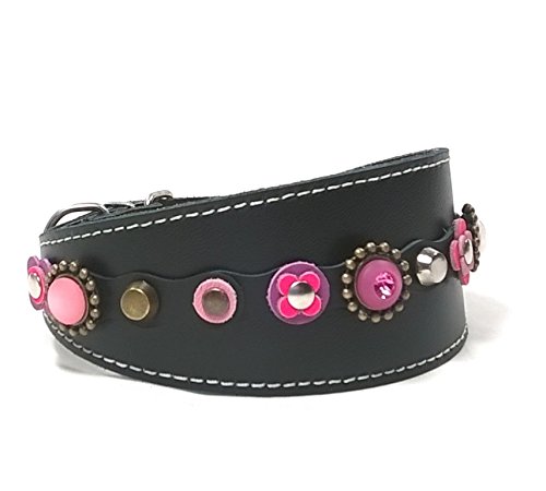 Superpipapo Original Collar de Cuero para Galgos, Diseño Cuero Negro con Rosa Fucsia y Piedras Strass, 45 cm Galgo: Cuello 33-38 cm, Ancho 55mm