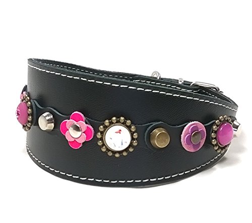 Superpipapo Original Collar de Cuero para Galgos, Diseño Cuero Negro con Rosa Fucsia y Piedras Strass, 45 cm Galgo: Cuello 33-38 cm, Ancho 55mm