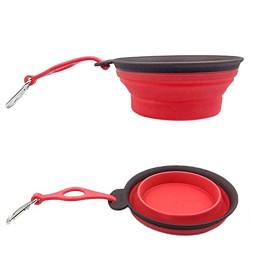 Tazón para Perro, Gato Recipiente para Perros Comedero para Mascotas Bebedero Portátil Plegable de Viaje Cuenco Recipiente Plato Silicona para Perro Gato con Mosquetón (S, Rojo)