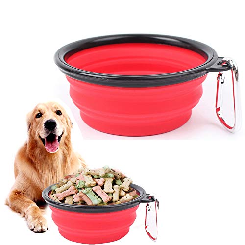 Tazón para Perro, Gato Recipiente para Perros Comedero para Mascotas Bebedero Portátil Plegable de Viaje Cuenco Recipiente Plato Silicona para Perro Gato con Mosquetón (S, Rojo)