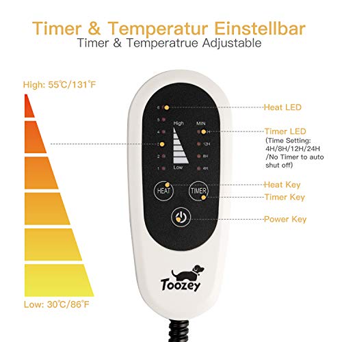 Toozey Manta Eléctrica para Perros y Gatos Interior, Ajustable Temporizador y Temperatrue Almohadilla Calefactora para Mascotas Gatos y Perros Recién Nacidos/Pequeños/Ancianos L (60 * 45cm)