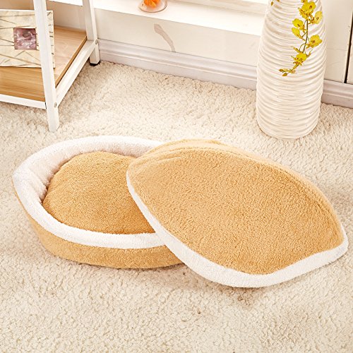 TREESTAR - Cama Ovalada para Mascotas con Forma de Hamburguesa para Perro, Gato o Gato, con Tapa, colchón Lavable para Perros y Gatos pequeños y medianos, Felpa, Beige, 55 * 40CM