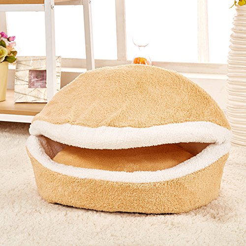 TREESTAR - Cama Ovalada para Mascotas con Forma de Hamburguesa para Perro, Gato o Gato, con Tapa, colchón Lavable para Perros y Gatos pequeños y medianos, Felpa, Beige, 55 * 40CM