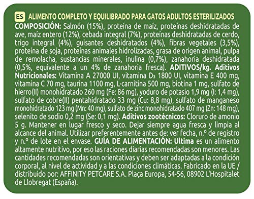 ultima Pienso para Gatos Esterilizados Adultos con Salmón, Pack de 8 x 800gr - Total: 6.4kg