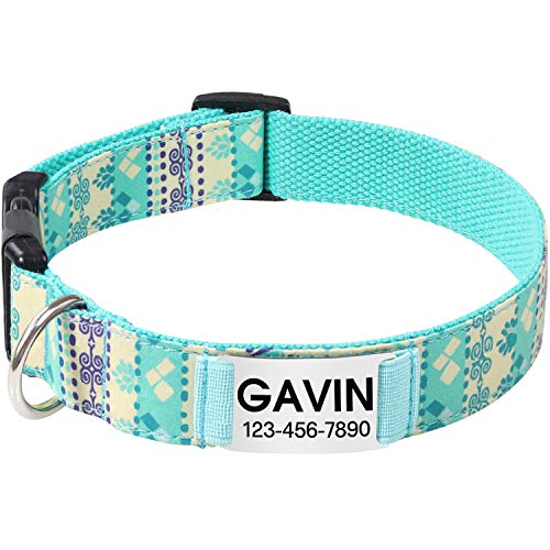 Vcalabashor Collar de Perro Personalizado, Placa de Acero Inoxidable grabada con Nombre y Número de Teléfono del Perro,Turquesa Grande