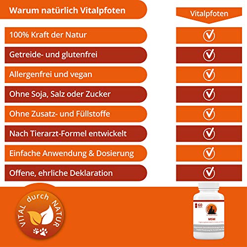 Vitalpfoten MSM Cápsulas para Perros y Gatos 60 Pieza complemento Forro Medio Pures MSM - Suave dosificación, Alta pureza y Calidad, fabricación en Alemania