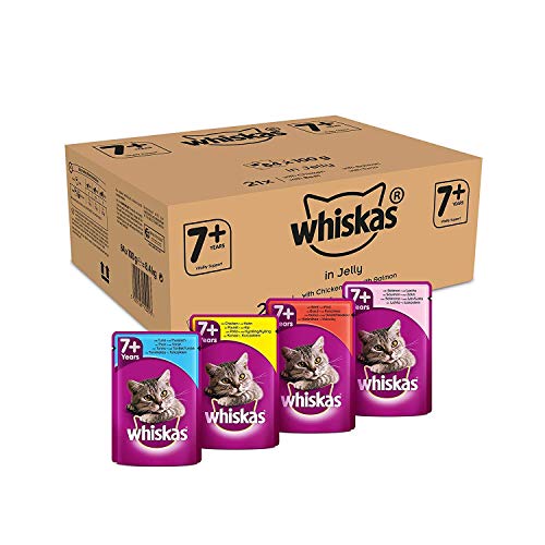 Whiskas Cat /  Comida húmeda para gatos adultos 7+ Selección de pescado y aves de corral en gelatina, (84 x 100 g)