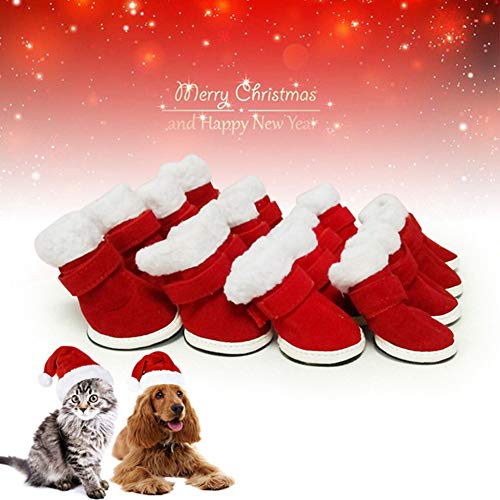 Youyababay 4pcs Alimentos para Mascotas Zapatos Perrito del Animal doméstico del Invierno de Navidad para Mascotas Botas Gato Caminan Ocasionales de la Pata Protector Rojo,XS