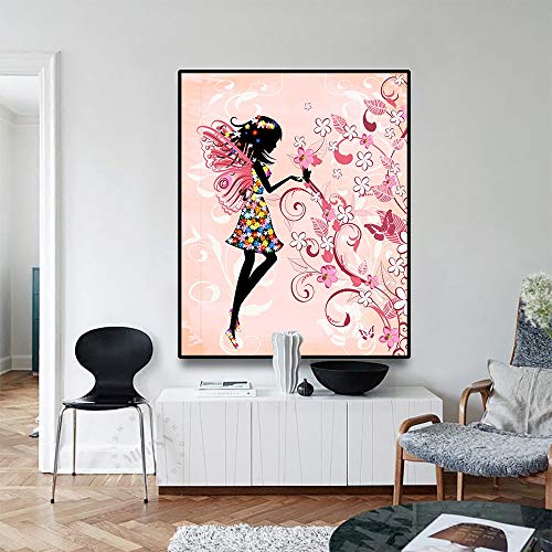 YuanMinglu Abstract Butterfly Girl Fairy Kindergarten Poster decoración Pintura Lienzo decoración del hogar Pintura sin Marco 75X90CM