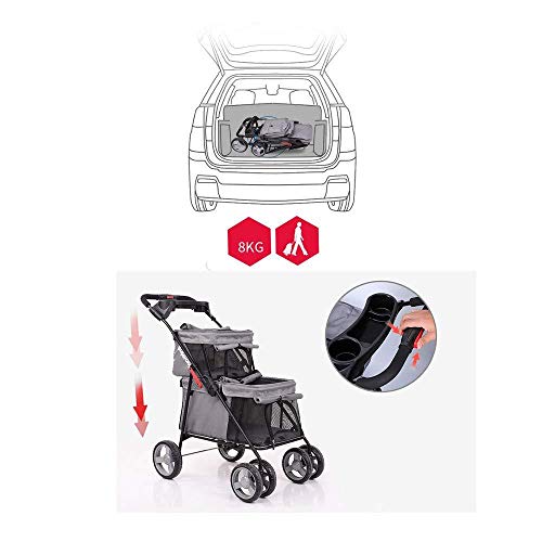 YXIAOL Cochecito para Mascotas,Cochecito Portátil,Cochecito De Viaje Transpirable para Perros,Cochecito Doble,Carrito De Almacenamiento,portavasos(Carga Máxima 15 Kg),Grey