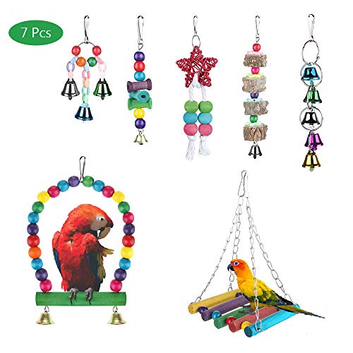 Zacro 7pcs Juguetes de Loro Pájaro, Juguetes para Pájaros Juguete Colgante para Mascotas con Campanas,Columpios,Juguete de Masticación para Pequeños y Medianos Loros de Aves, Periquitos, Pinzones