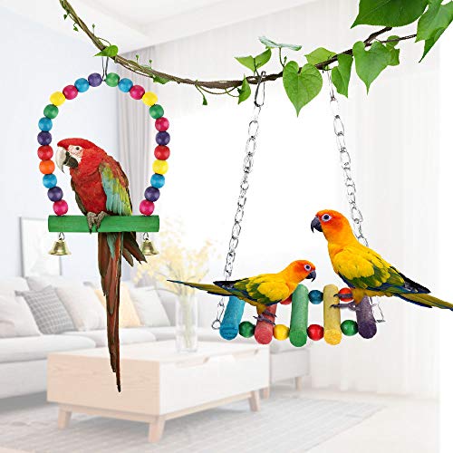 Zacro 7pcs Juguetes de Loro Pájaro, Juguetes para Pájaros Juguete Colgante para Mascotas con Campanas,Columpios,Juguete de Masticación para Pequeños y Medianos Loros de Aves, Periquitos, Pinzones