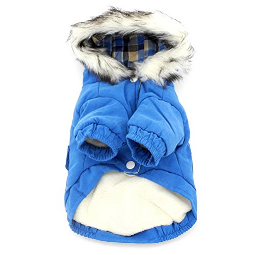 Zunea Grueso algodón Acolchado de Lana pequeño Perro Abrigo de Invierno con Capucha Mascotas Traje de Neopreno Chaqueta de Perrito cálido Bufanda Oso Parche Azul S