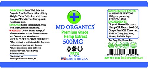 500mg MD Organics Pet Cáñamo puro Aceite para mascotas Perro Gato Caballo Alivio del dolor Articulaciones del estrés Sueño Estado de ánimo Estrés Omegas Grado humano Probado en laboratorio