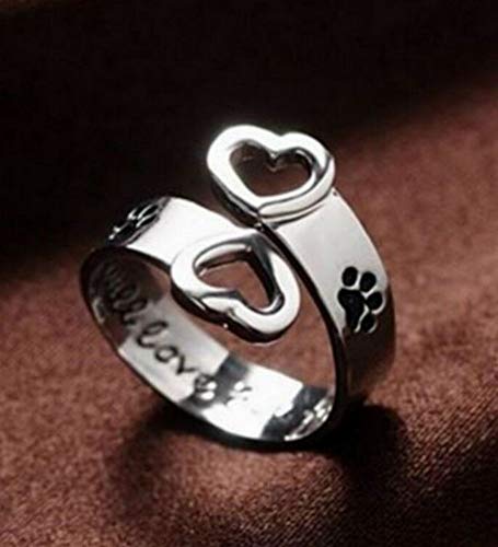 Anillo Ajustable Diseño de Corazones y Grabado de Huellas Mascota, Perro, Gato.