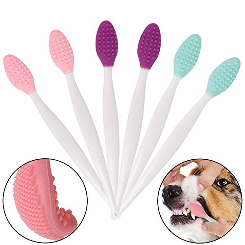 BETOY 6 pcs cepillos de Dientes para Perro y Gatos, de Silicona Suave de Doble Cara, con Mango Largo Curvado, para Cachorros, Perros pequeños, medianos, Gatos y la mayoría de Mascotas