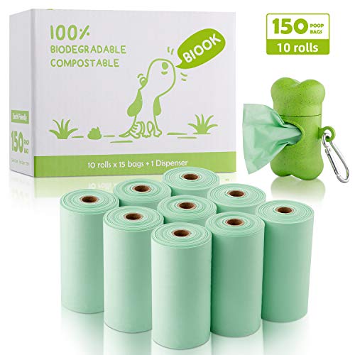 BIOOK Bolsas Caca Perro 100% Biodegradable con 1 Dispensador, Materiales Basados en PLA y Compostables Premium Ecológico, Fuertes, Resistente a Fugas, Sin Perfume, EN13432 y Ok Compost Certificación