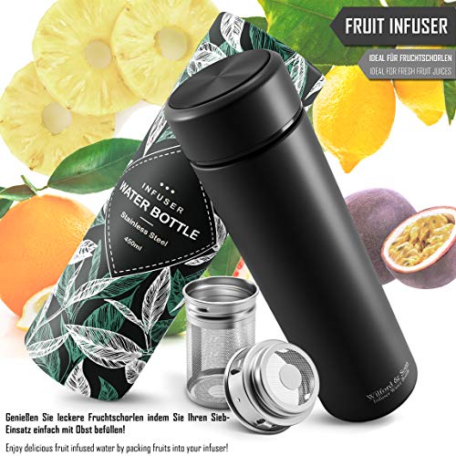 Botella de agua térmica infusor + filtro para té infusiones + inserto da fruta sin BPA | Termo hermético 450ml de acero inoxidable | Cantimplora aislada para oficina, colegio, deporte, bicicleta