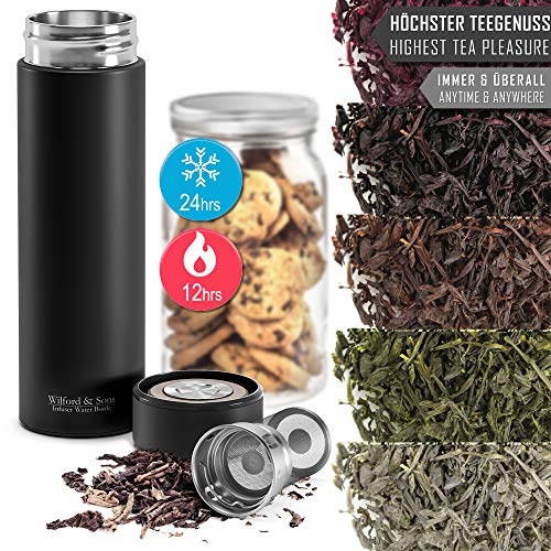 Botella de agua térmica infusor + filtro para té infusiones + inserto da fruta sin BPA | Termo hermético 450ml de acero inoxidable | Cantimplora aislada para oficina, colegio, deporte, bicicleta