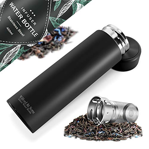 Botella de agua térmica infusor + filtro para té infusiones + inserto da fruta sin BPA | Termo hermético 450ml de acero inoxidable | Cantimplora aislada para oficina, colegio, deporte, bicicleta