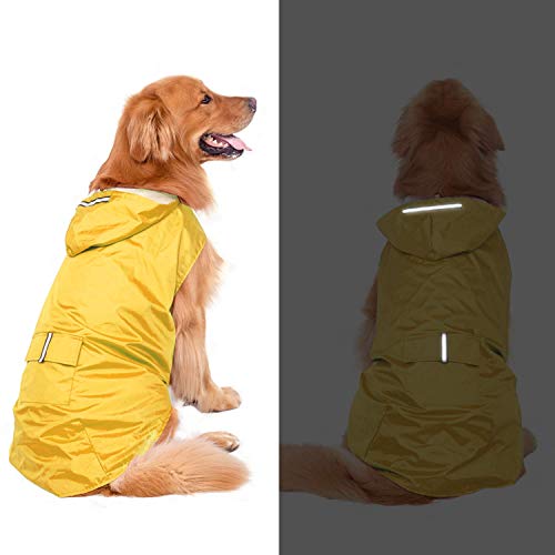 Bwiv Chupasquero Perro Impermeables Perros Grandes Medianos con Capucha Ajustable Collar Agujero Banda Reflectante Ultra-Light Transpirable Talla 5XL Amarillo