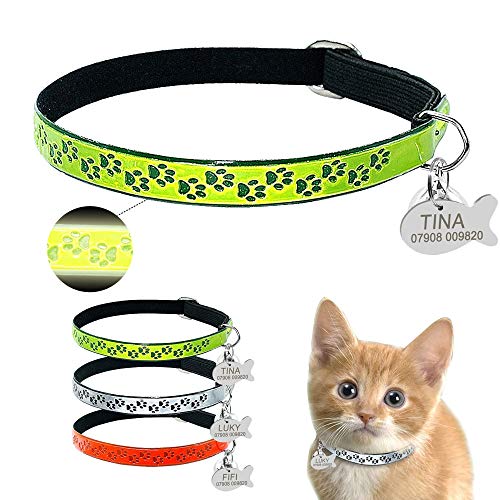 Collar De Gato Personalizado Fluorescencia Gatito Gatos Bell Collares Gratis Engarving Brillante con Grabado ID Etiqueta Collar De La Pata S Plata