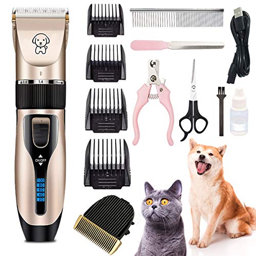 Cortapelos Perros Gatos Profesional,5 Velocidades y Pantalla Digital LED,Set de Maquina Cortar Pelo Perros Mascota de Silencioso Inalámbrico Recargable,Cortapelos Animal Bajo Ruido con 12 Accesorios