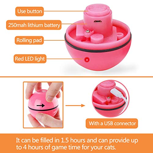 DIWUJI Bola de Gato, Juguetes para Gatos Pelotas, Carga USB Bola Giratoria Automática, Bola Eléctrica de 360 Grados Juguete Interactivo con luz LED para Ejercicio Animal Doméstico Gatos (Rosado)