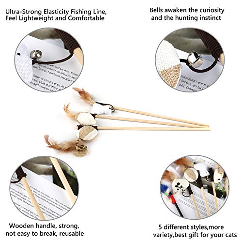 Emooqi Varita de Juguete para Gatos, Juguete de Plumas de Gato Interactivo Juguete Varita de 5 Varitas con 5 Piezas Diferentes Plumas de Juguete Divertido Juguetes para Mascotas Gatos (Estilo 1)