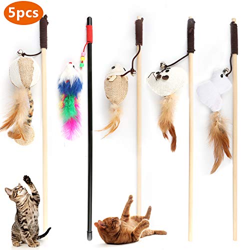 Emooqi Varita de Juguete para Gatos, Juguete de Plumas de Gato Interactivo Juguete Varita de 5 Varitas con 5 Piezas Diferentes Plumas de Juguete Divertido Juguetes para Mascotas Gatos (Estilo 1)