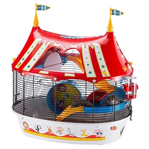 Ferplast Jaula de Tres Pisos para hámsteres Circus Fun, Ratones y pequeños roedores, Plástico Robusto y Metal, Coloridos Adhesivos y Accesorios incluidos 49,5 x 34 x h 42,5 cm Negro