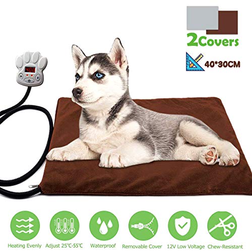 FOCHEA Manta Eléctrica Mascotas, Cojín de Calefacción para Perros y Gatos con 7 Niveles de Temperatura Ajustable, 25~55℃, 2 Cubiertas de Muletón (30 * 40 cm)