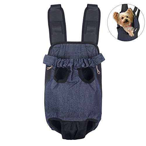 FONLAM Bolso Frontal Perro Gato Mochila Transportin Portátil Cachorro Mascota con Hombreras Tirantes Ajustables Entrepiernas de Malla (M(2.5-3.5KG), Vaquero)